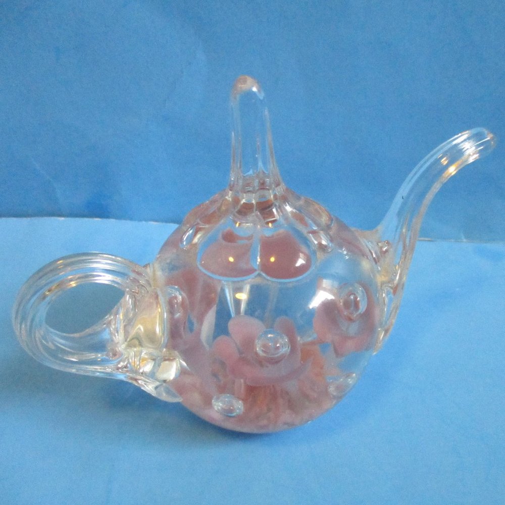 *Joe Rice 1988 Clear Glass Teapot Sculpture Pink Floral Design